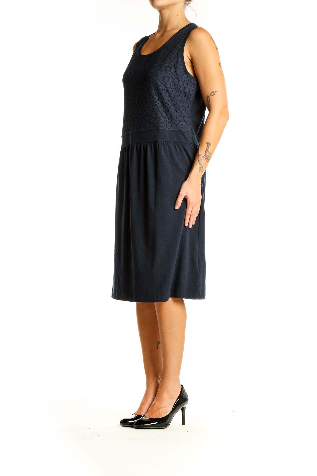 Front view of L.L.Bean navy sleeveless midi dress with textured bodice