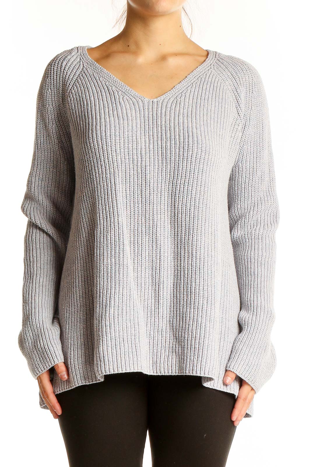 Front view of Lou & Grey gray ribbed V-neck sweater on model