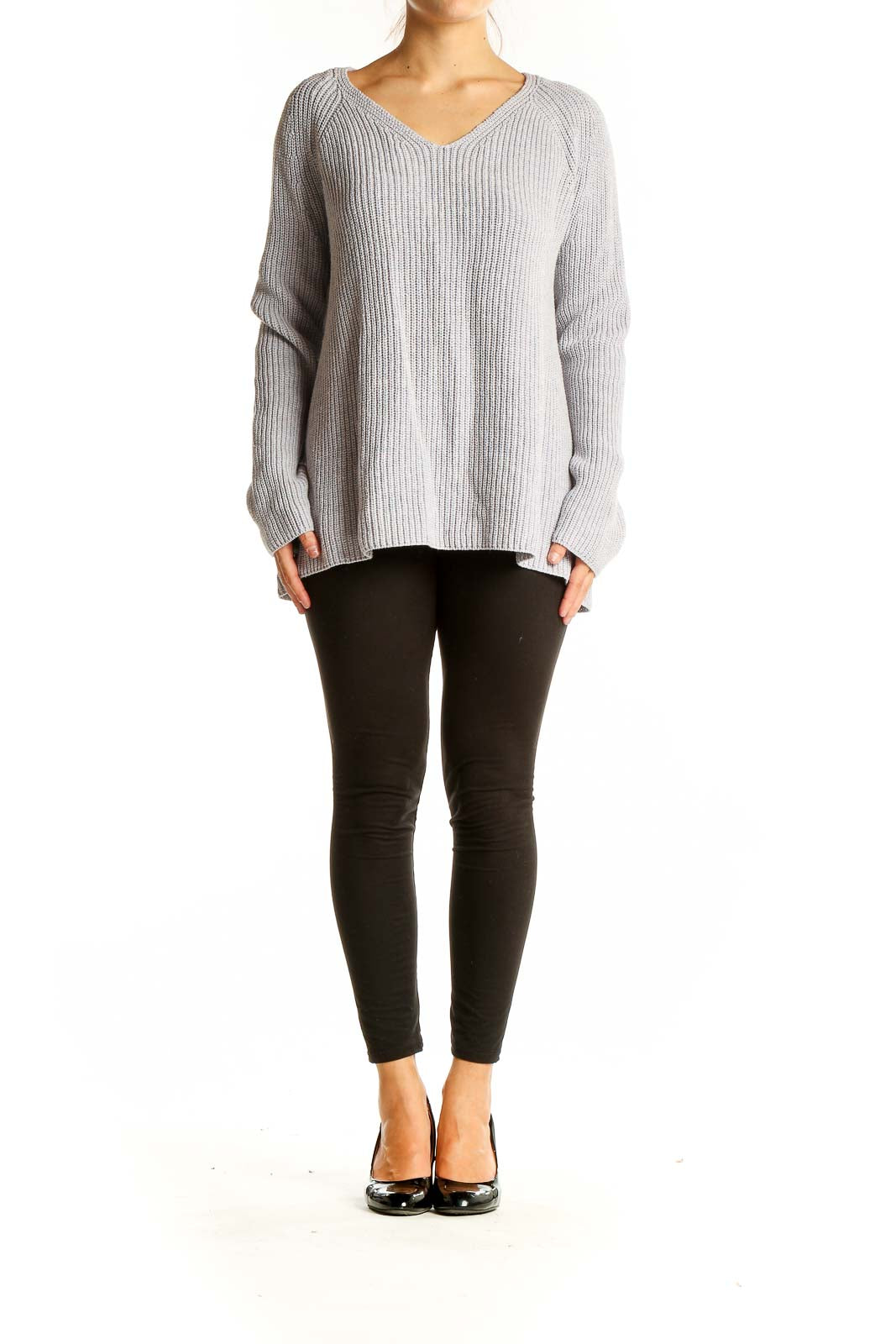 Front view of Lou & Grey gray ribbed V-neck sweater on model