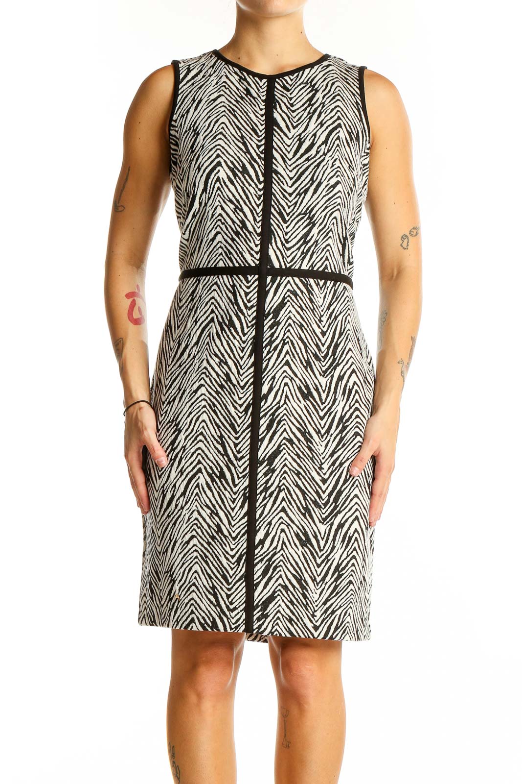 Front view of Ann Taylor black and white zebra print sheath dress with contrasting trim