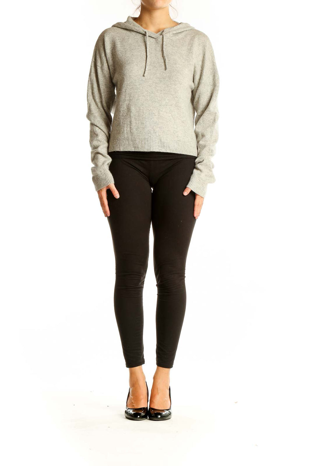 Front view of gray cropped hooded knit sweater from Reformation Jeans