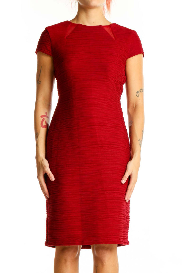 Front view of red textured bodycon midi dress by Taylor