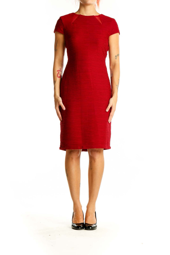 Front view of red textured bodycon midi dress by Taylor