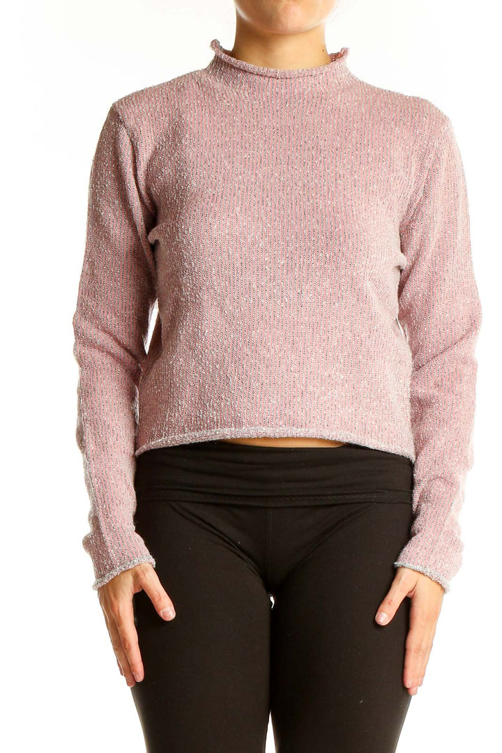 Front view of pink cropped mock neck sweater by Cotton Emporium