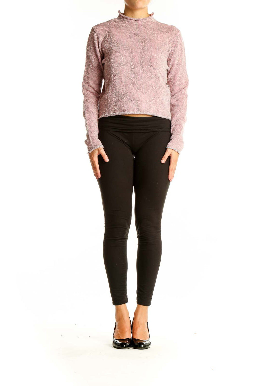 Front view of pink cropped mock neck sweater by Cotton Emporium