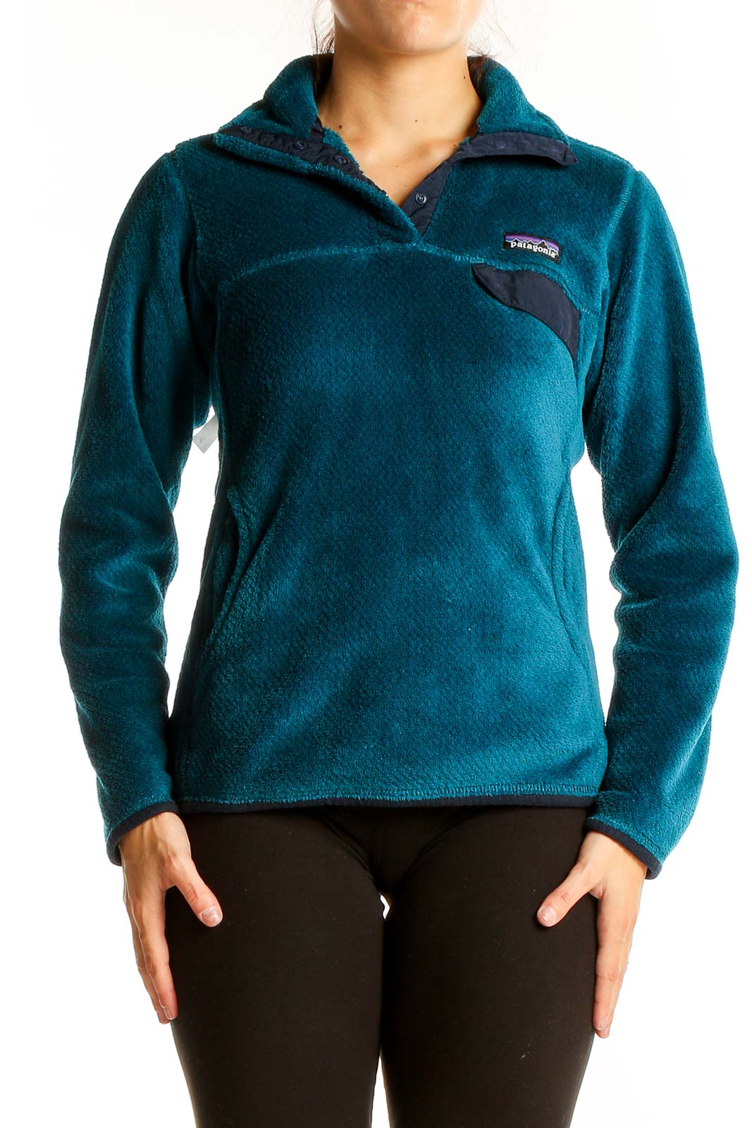 Front view of teal Patagonia fleece pullover jacket with quarter-zip design