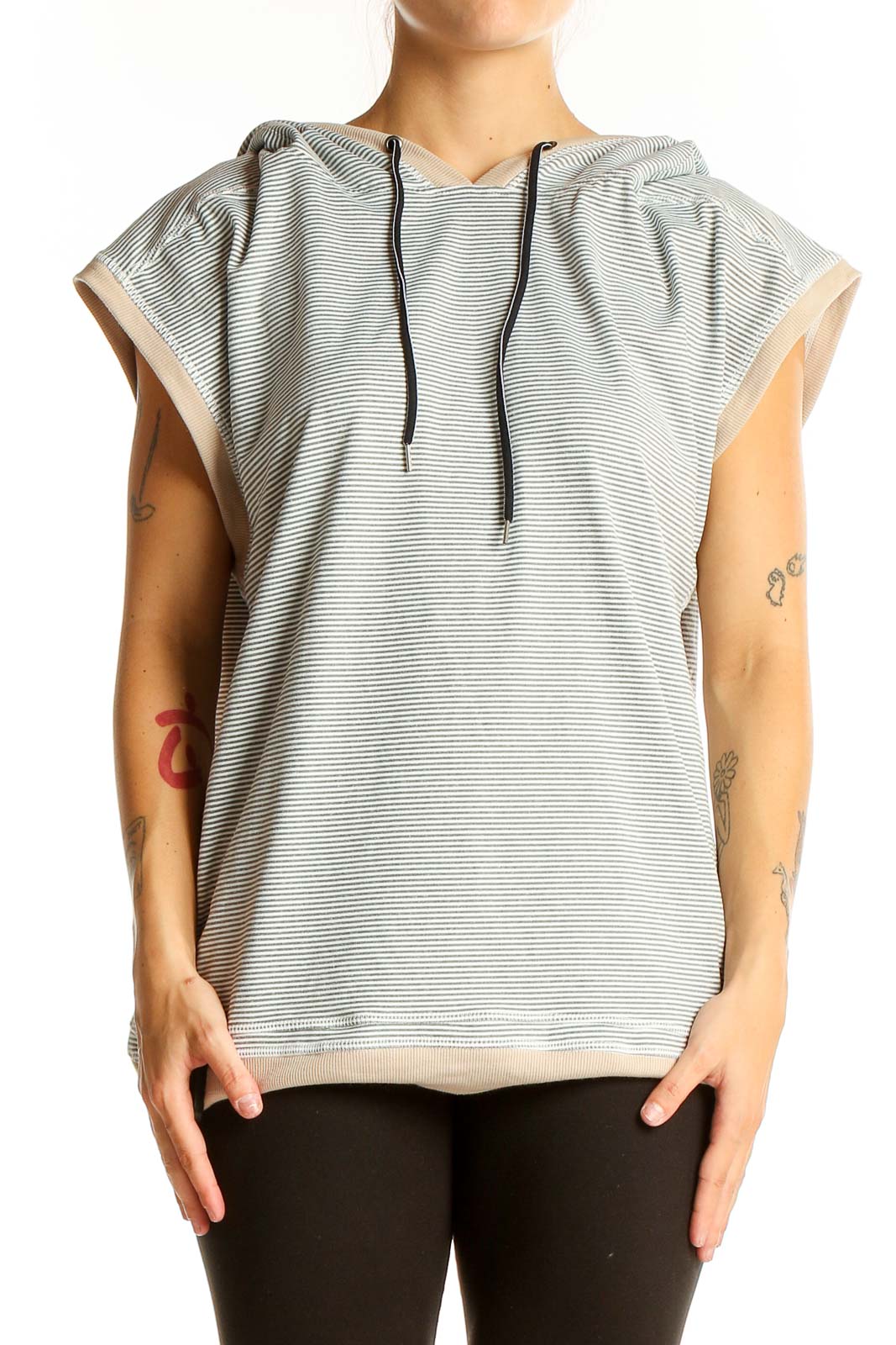 Front view of Zobha gray striped hooded sleeveless top