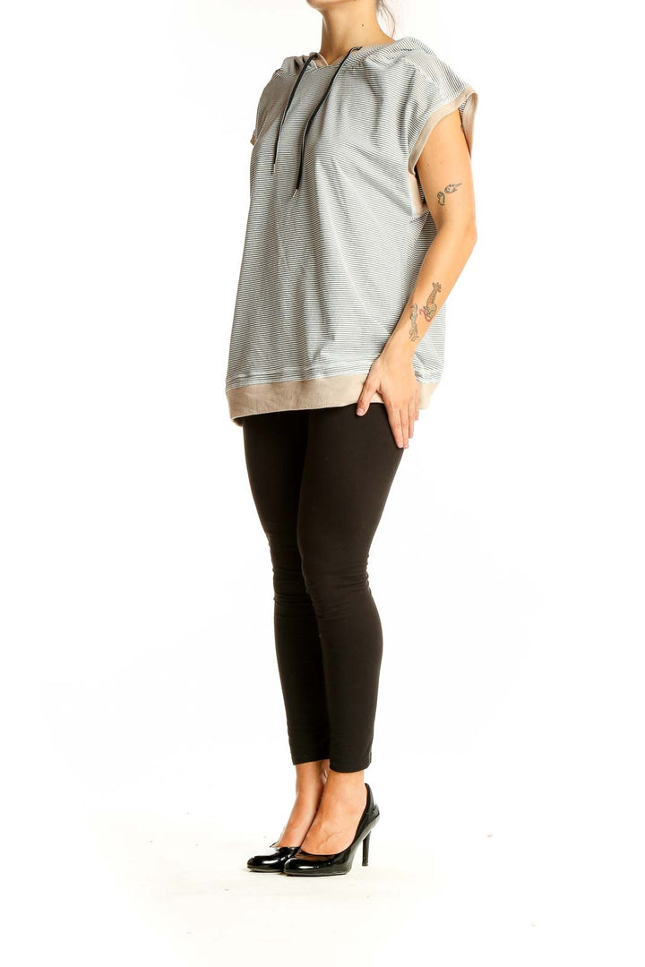 Front view of Zobha gray striped hooded sleeveless top