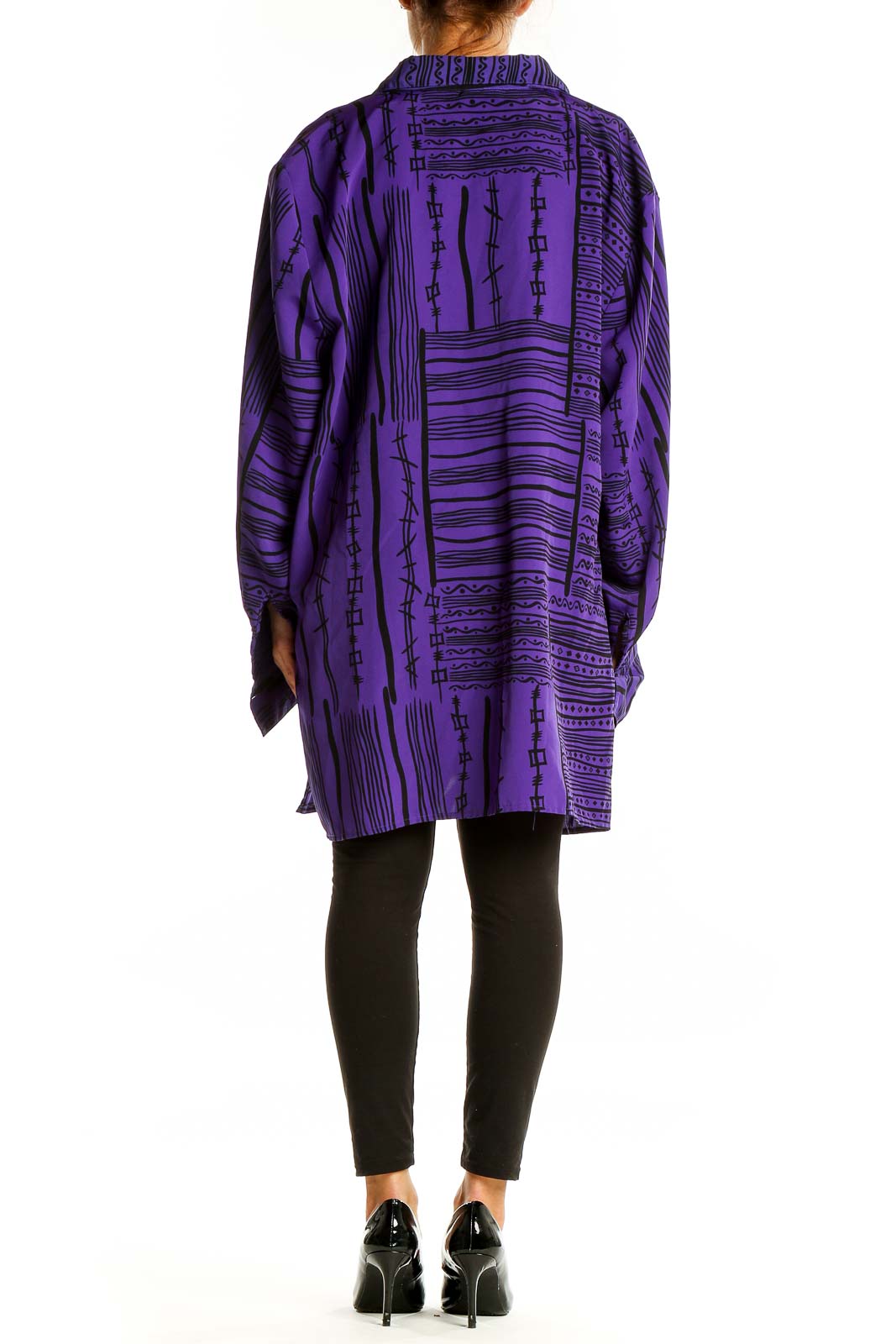 Back view of oversized purple Jaclyn Smith tunic top showing geometric pattern