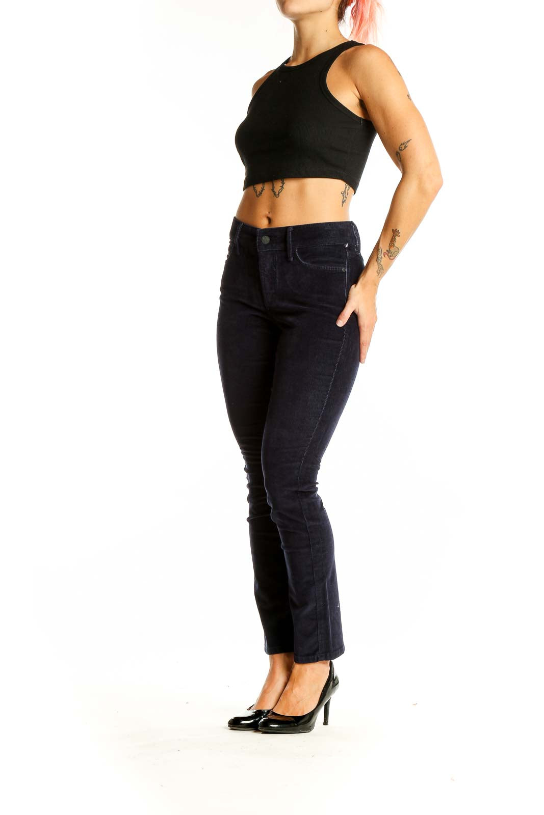 Front view of NYDJ Navy Corduroy Skinny Pants on model