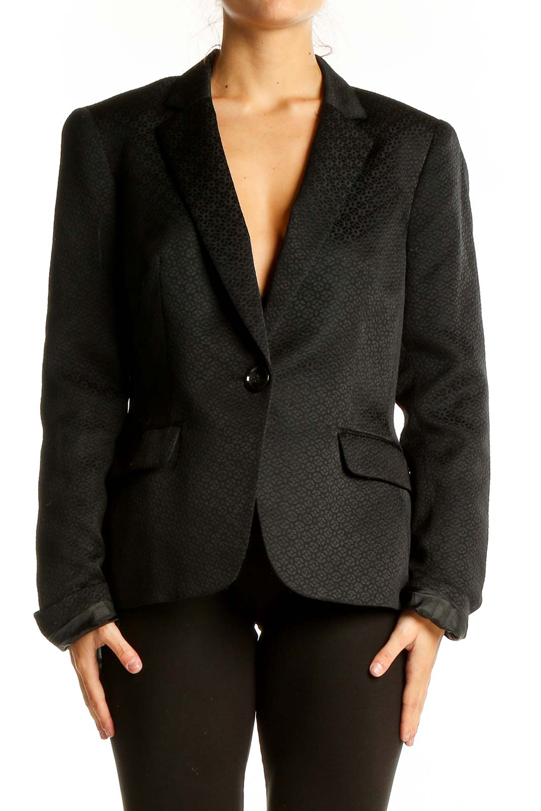 Front view of Evan Picone black textured polyester blazer with single-button closure