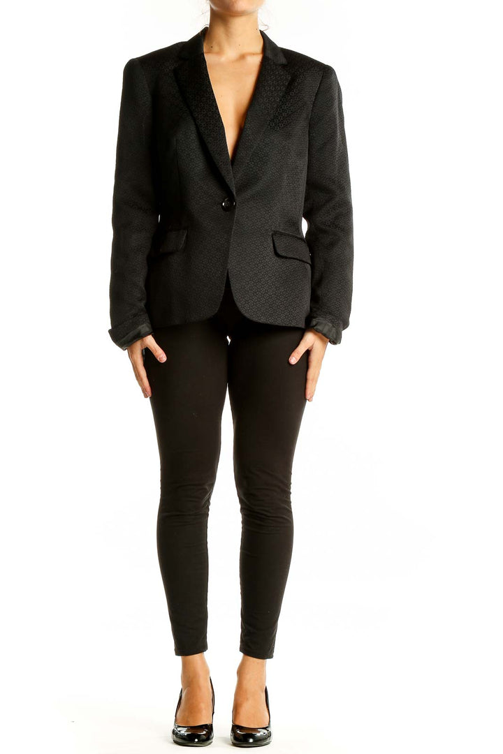 Front view of Evan Picone black textured polyester blazer with single-button closure