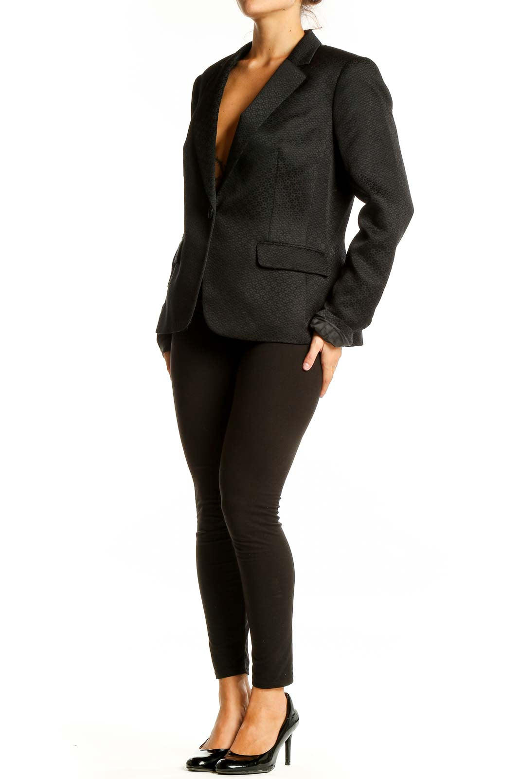 Front view of Evan Picone black textured polyester blazer with single-button closure