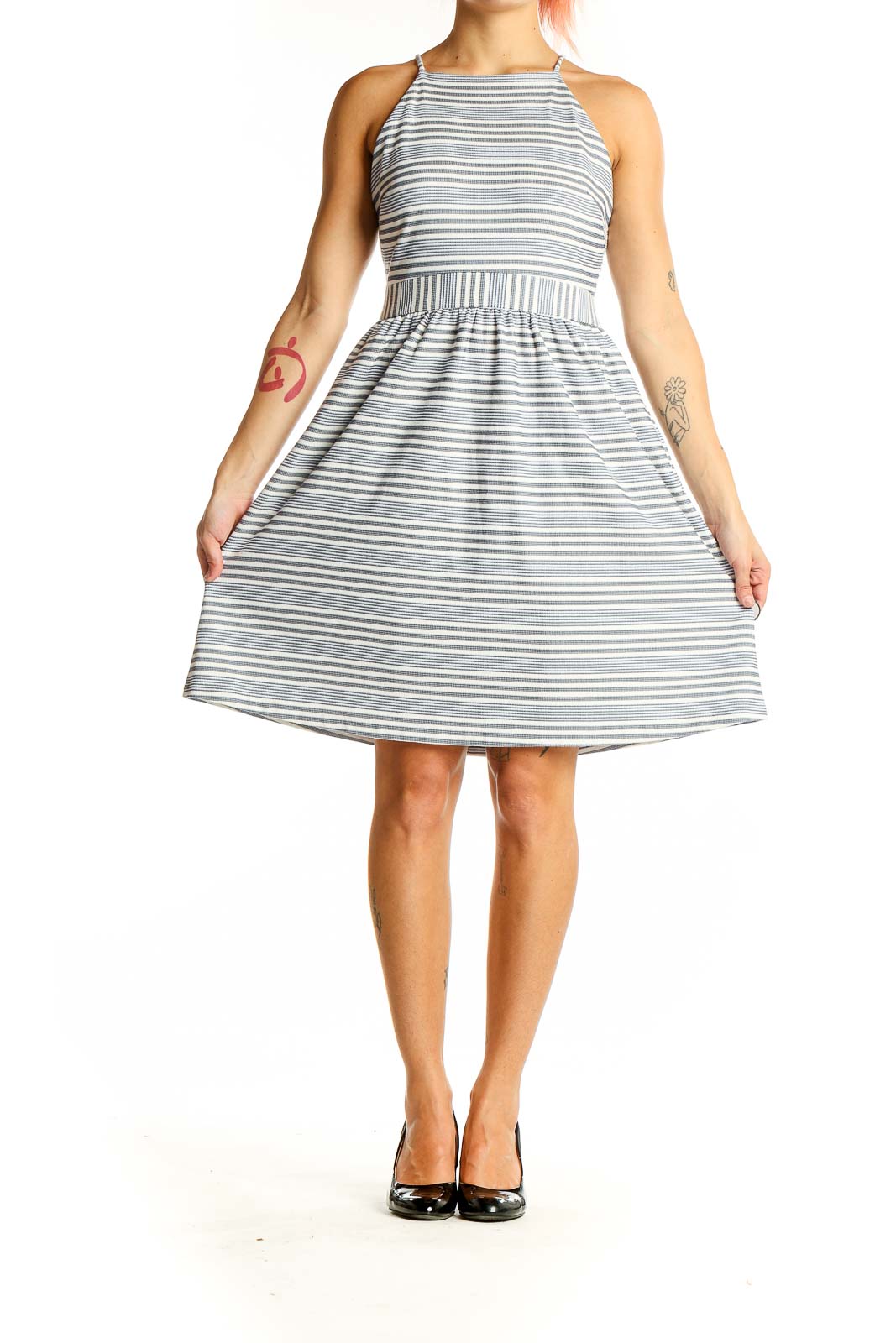 White Gray Pin Stripe Halter Dress