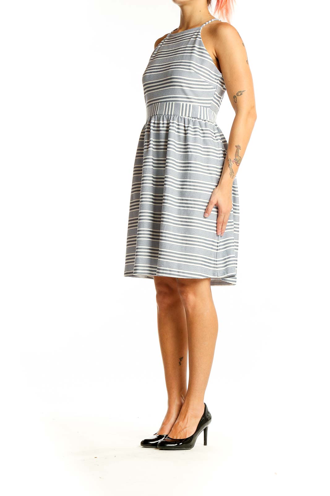 White Gray Pin Stripe Halter Dress