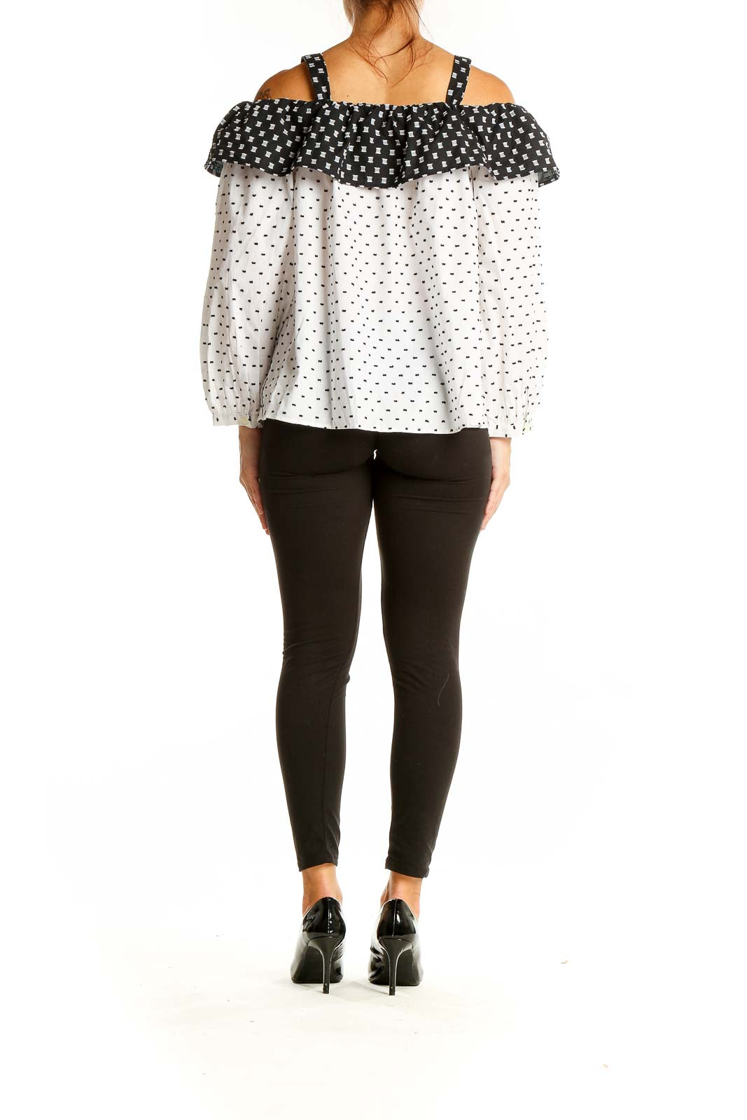 Back view of LOFT white off-shoulder top with black polka dots showing loose fit