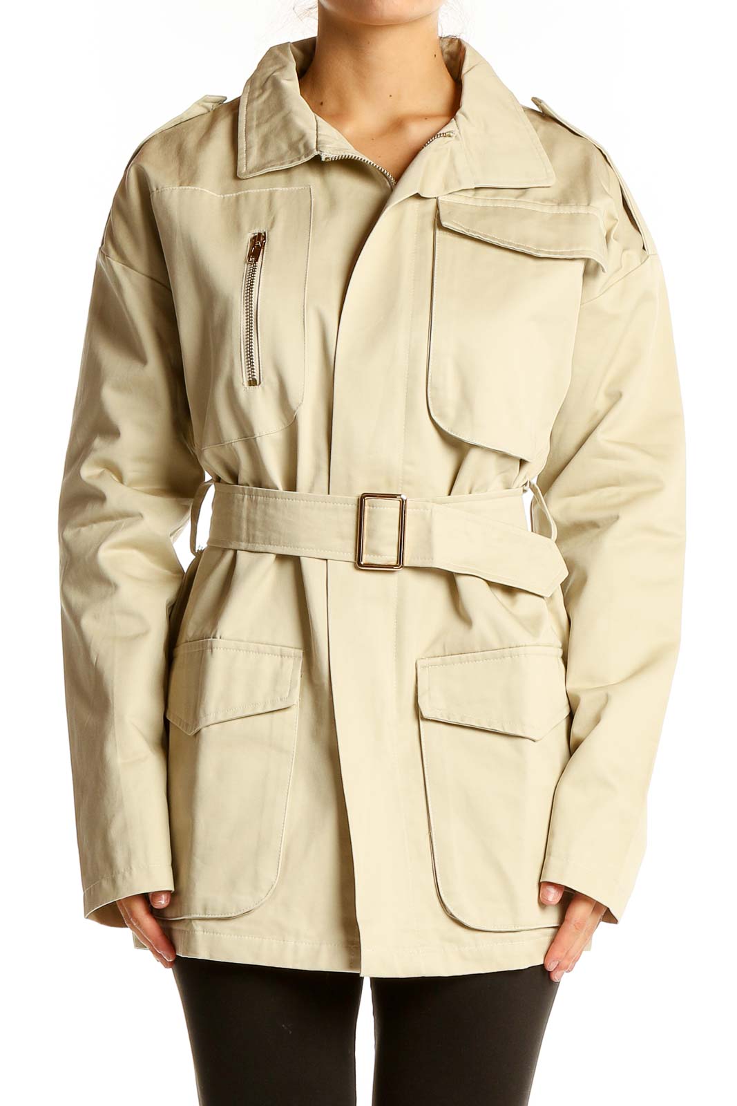 Front view of Naked Wardrobe beige utility coat with belt and pockets