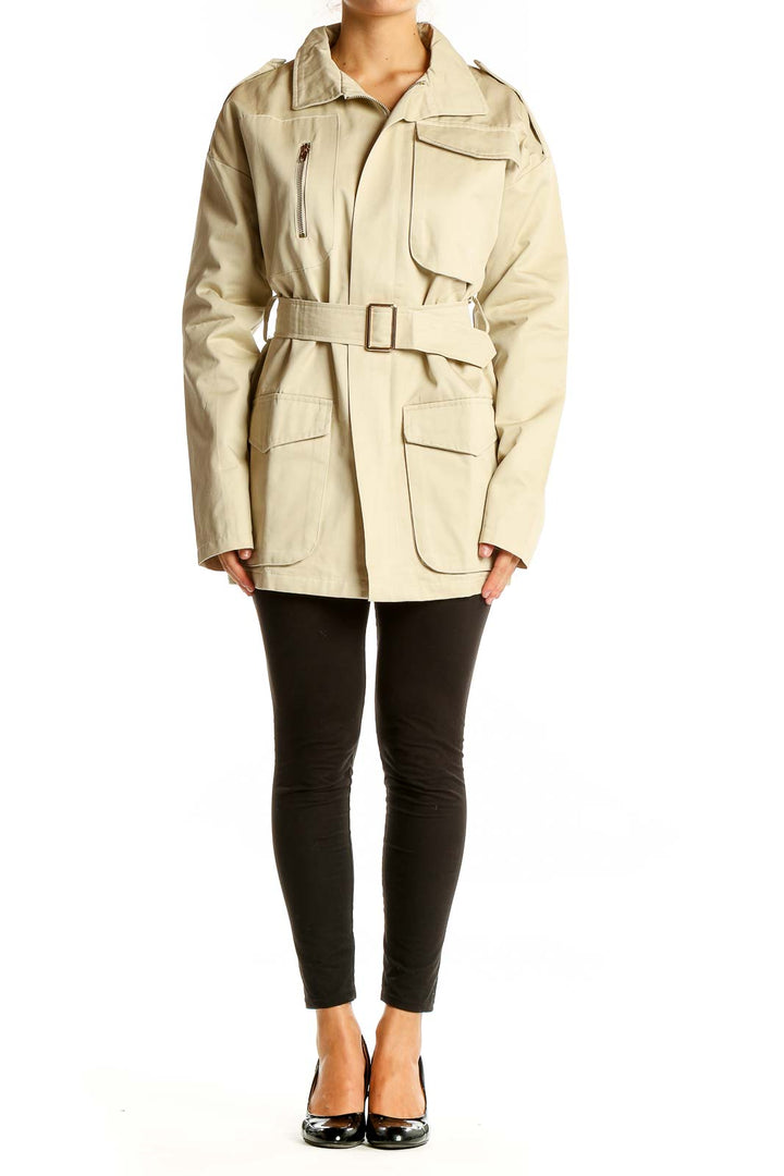 Front view of Naked Wardrobe beige utility coat with belt and pockets