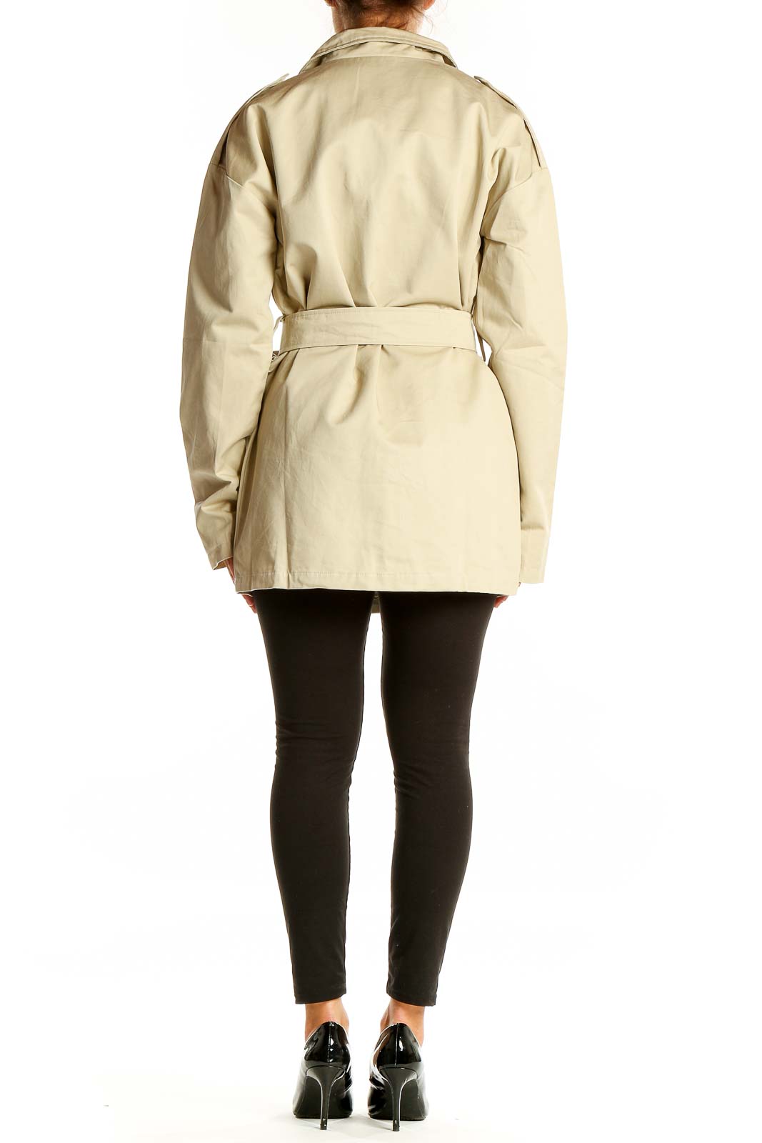 Back view of Naked Wardrobe beige utility coat showing belted waist