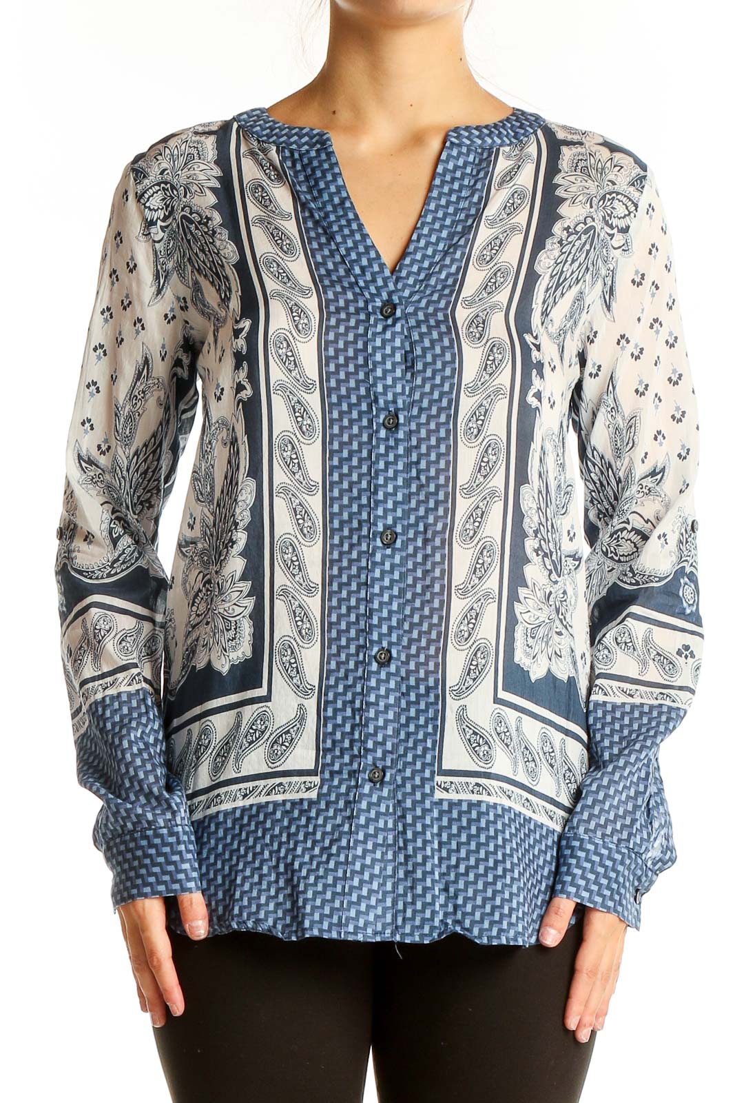 Front view of Ann Taylor blue and white patterned silk-cotton blouse with V-neck