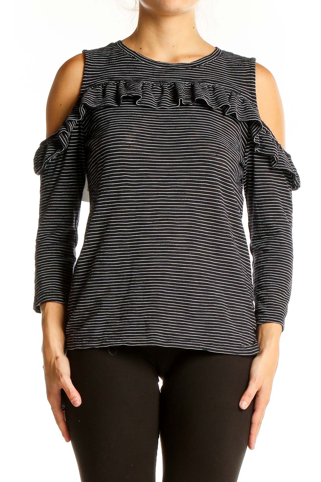 Front view of LOFT Black Striped Cold Shoulder Ruffle Top