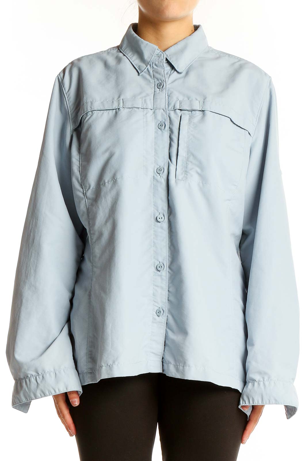 Front view of L.L.Bean light blue outdoor shirt with button-down design and chest pocket