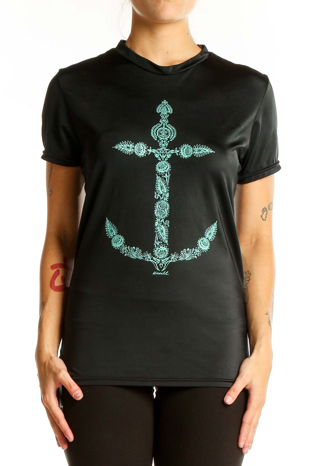 Front view of black O'Neill performance t-shirt with teal anchor print