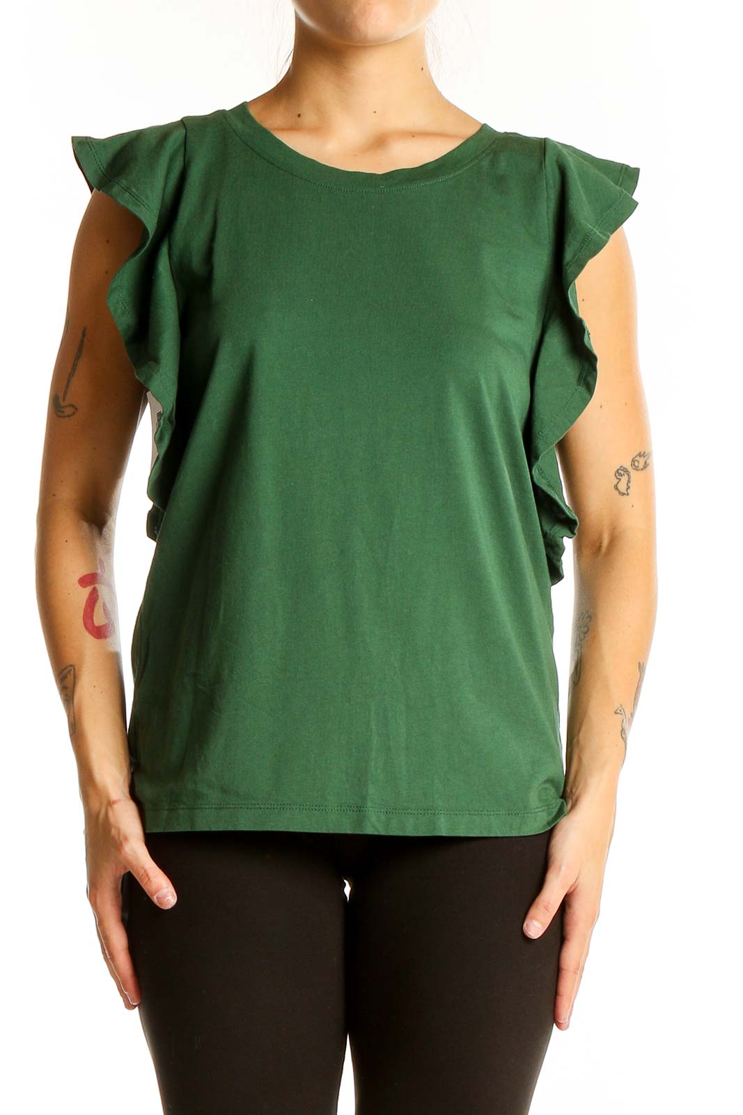 Front view of green LOFT top with ruffled cap sleeves