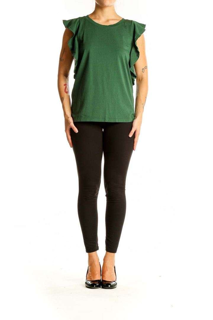 Front view of green LOFT top with ruffled cap sleeves