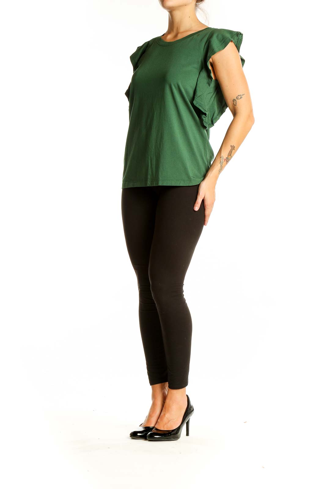 Front view of green LOFT top with ruffled cap sleeves