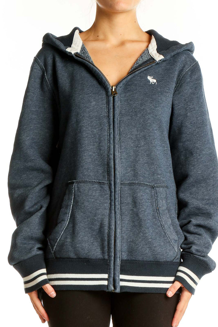 Front view of Abercrombie & Fitch gray hooded zip-up jacket with white logo