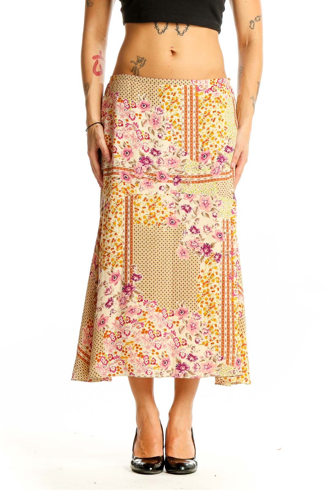 Front view of DonCaster yellow floral patchwork silk midi skirt