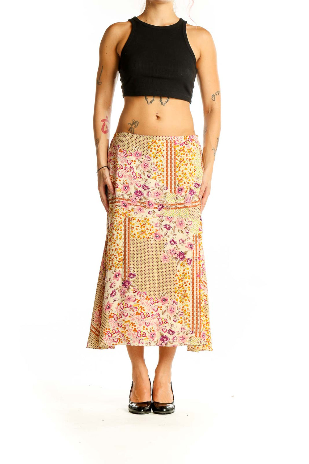 Front view of DonCaster yellow floral patchwork silk midi skirt