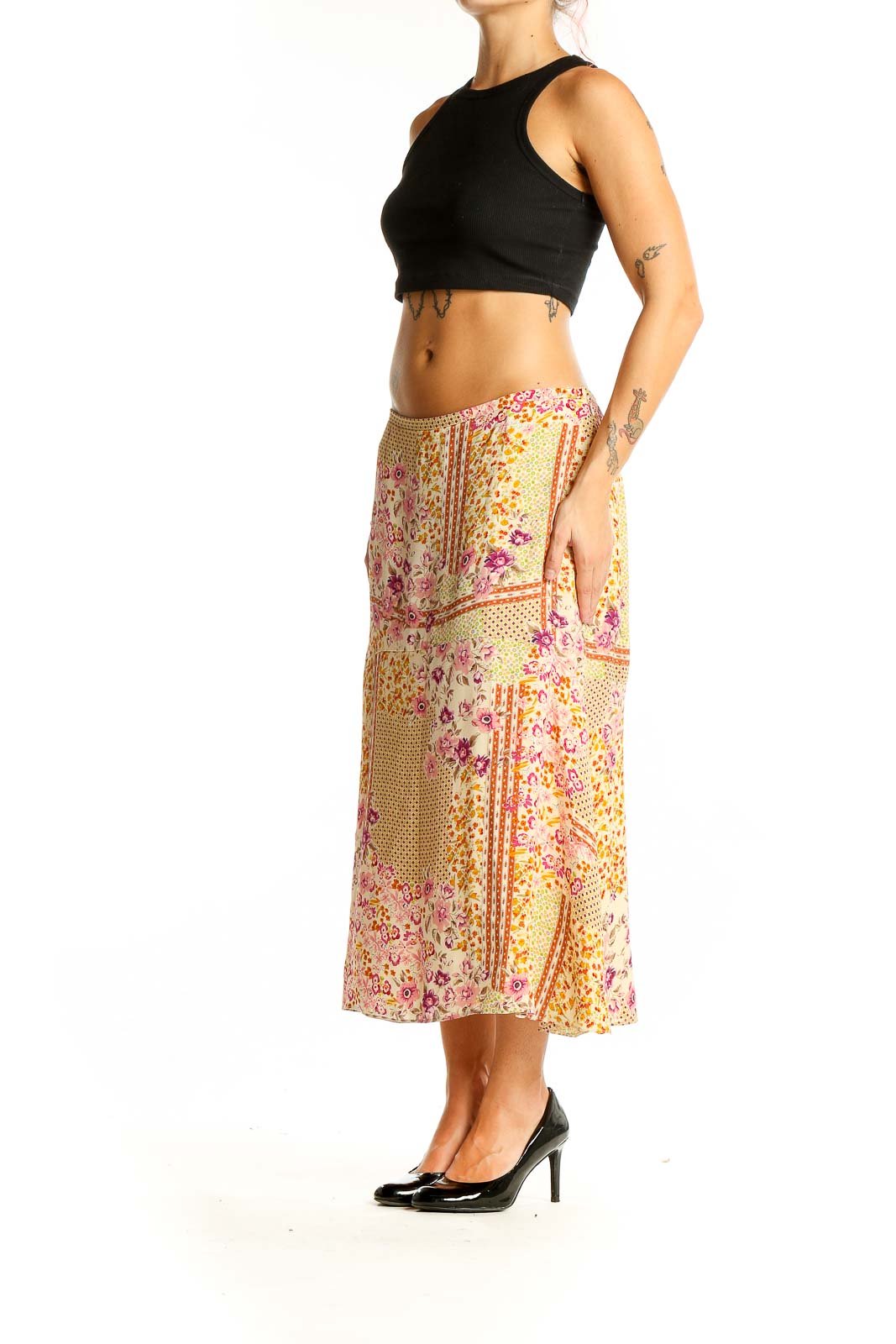 Front view of DonCaster yellow floral patchwork silk midi skirt