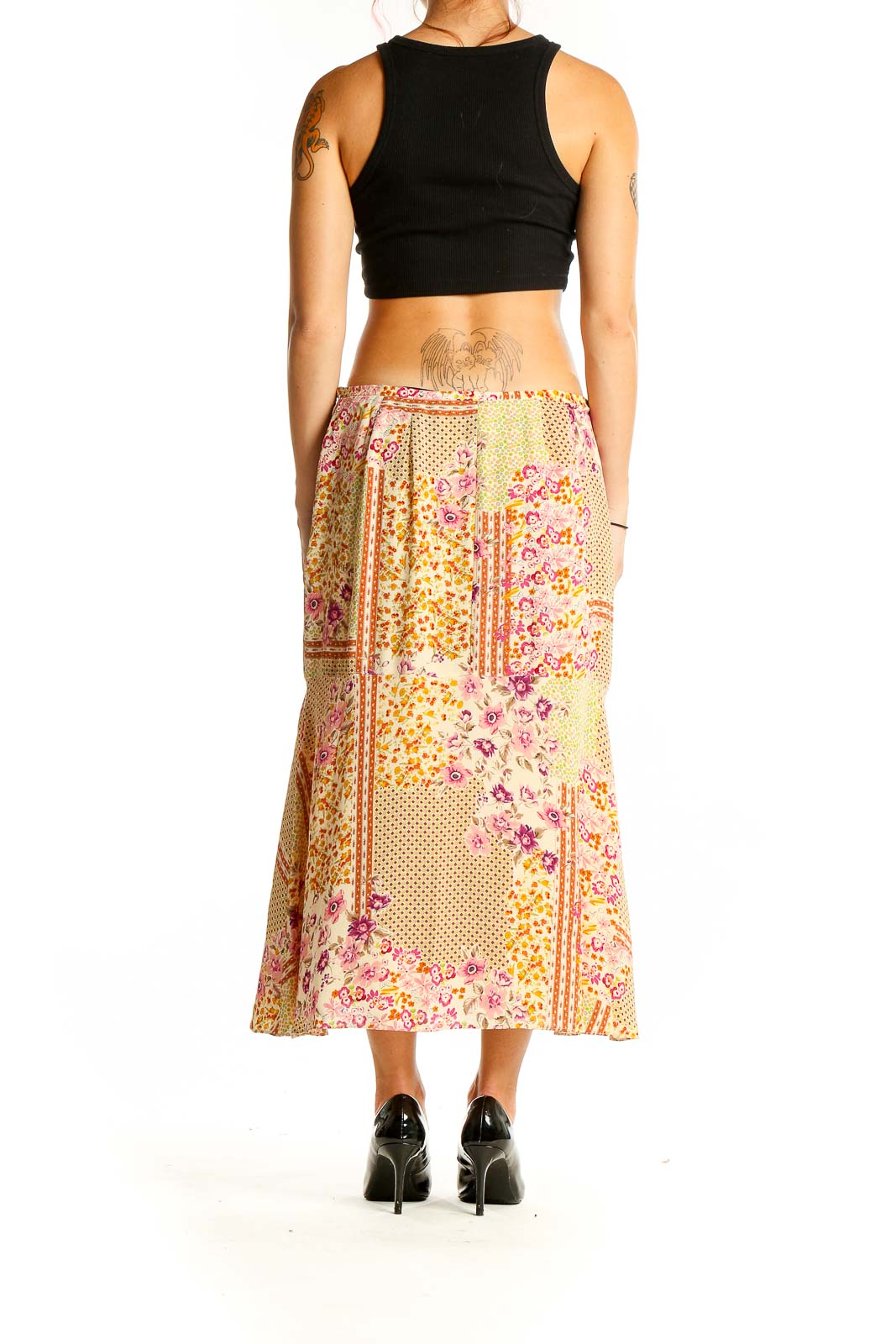 Back view of DonCaster yellow floral patchwork silk midi skirt