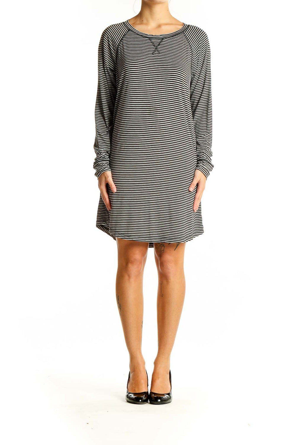 Front view of J.Crew black and white striped long sleeve dress