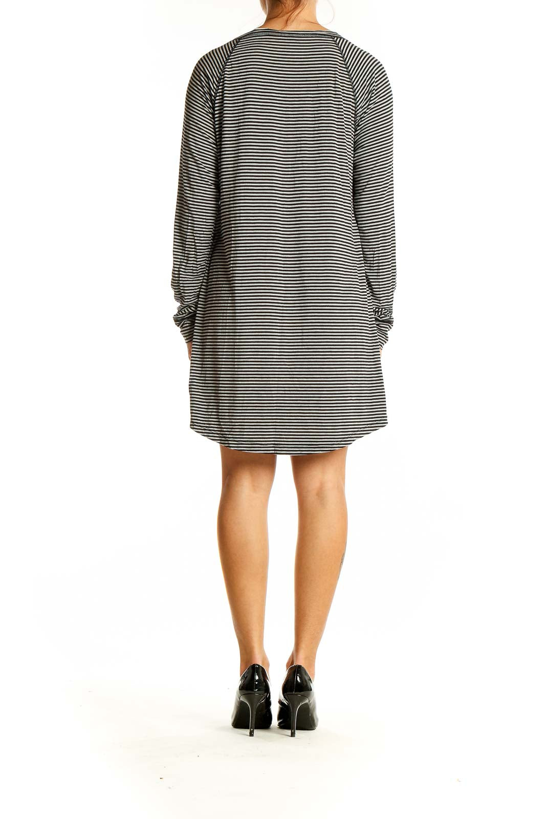 Back view of J.Crew black and white striped long sleeve dress