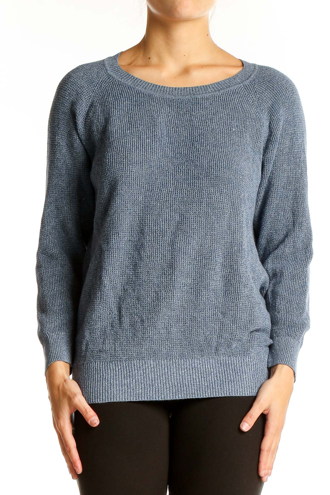 Front view of Madewell blue cotton knit sweater on model