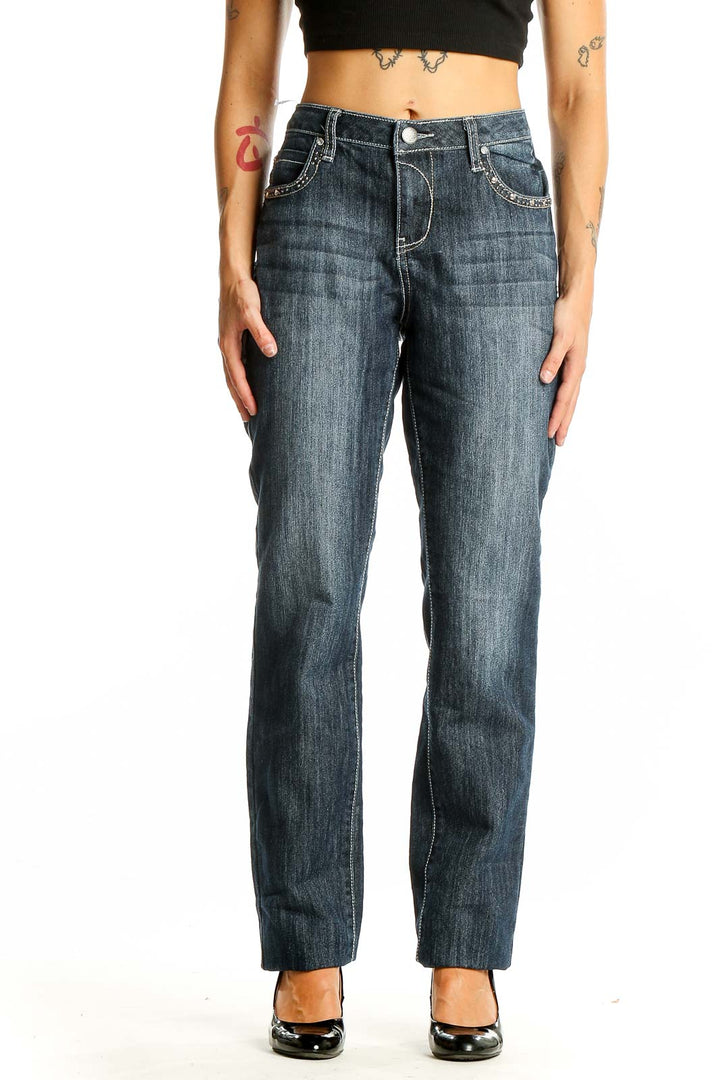 Front view of Earl Jeans dark blue straight leg denim with subtle fading