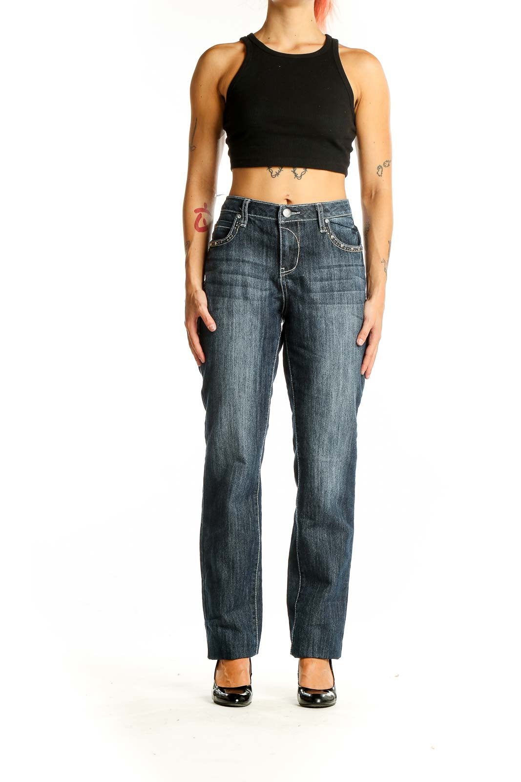 Front view of Earl Jeans dark blue straight leg denim with subtle fading