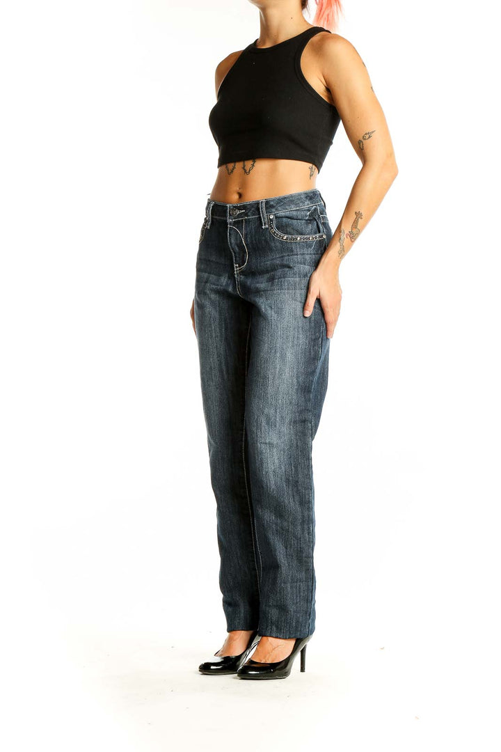 Front view of Earl Jeans dark blue straight leg denim with subtle fading