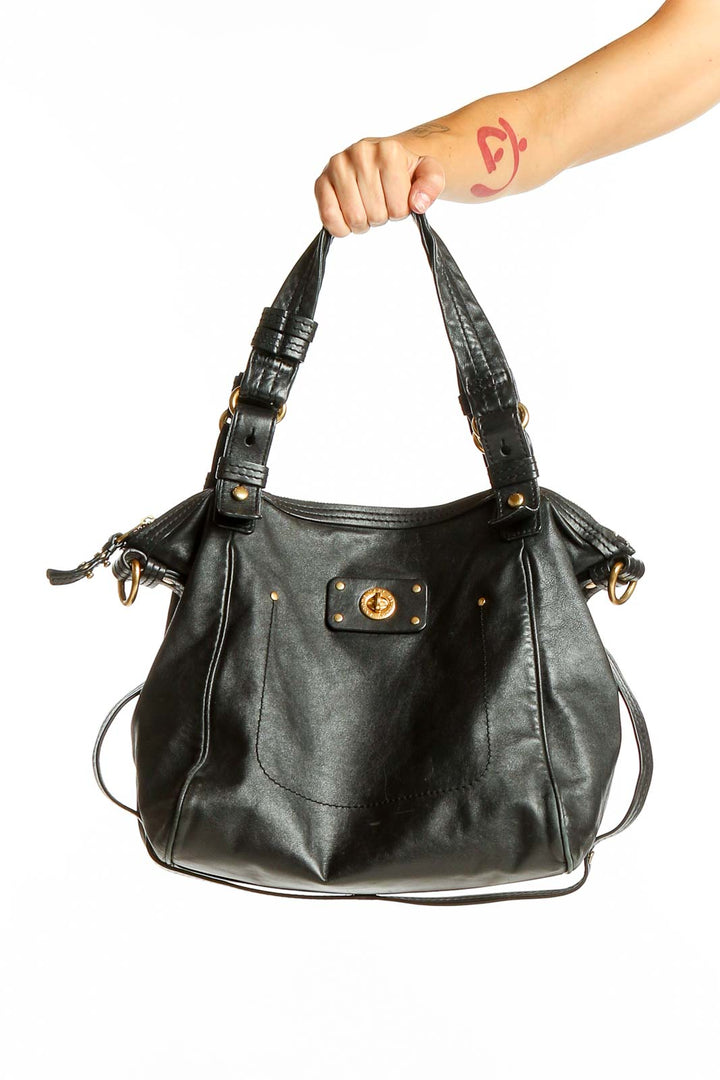 Front view of black leather Marc By Marc Jacobs shoulder bag with gold-tone hardware