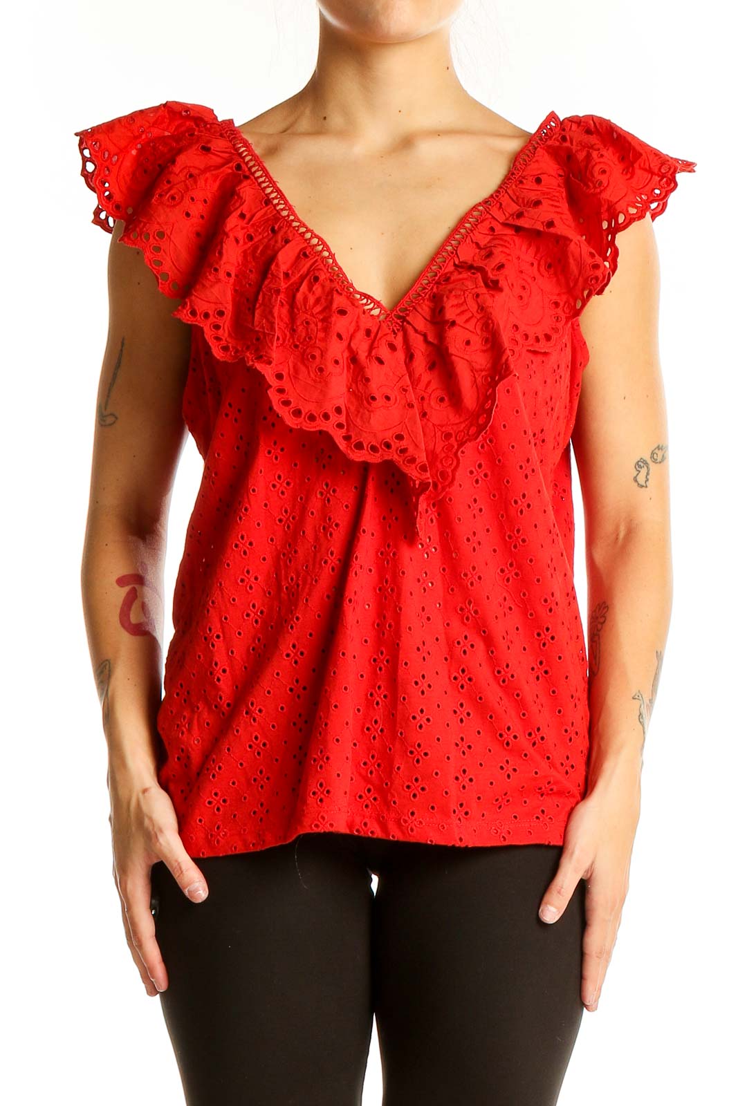 Front view of red eyelet lace ruffle top from LOFT