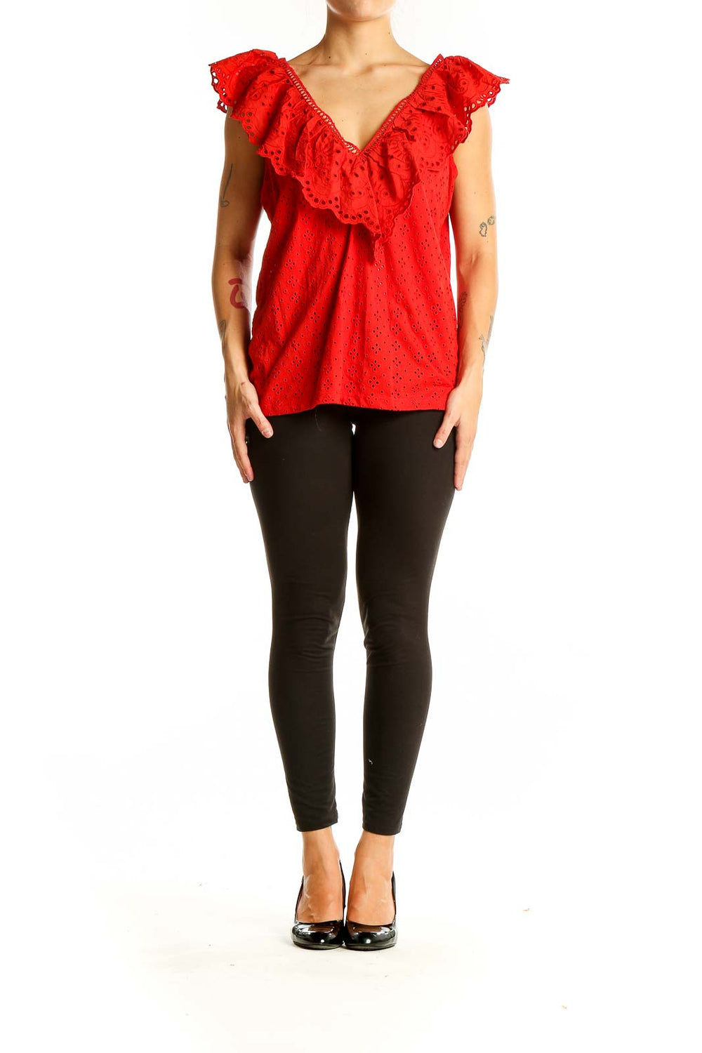 Front view of red eyelet lace ruffle top from LOFT