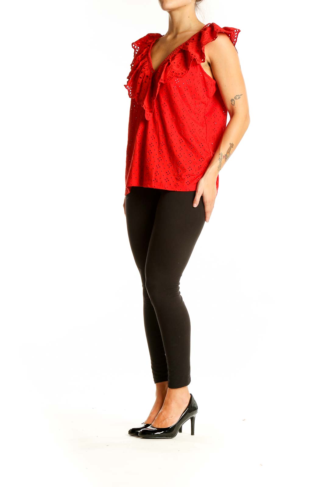 Front view of red eyelet lace ruffle top from LOFT