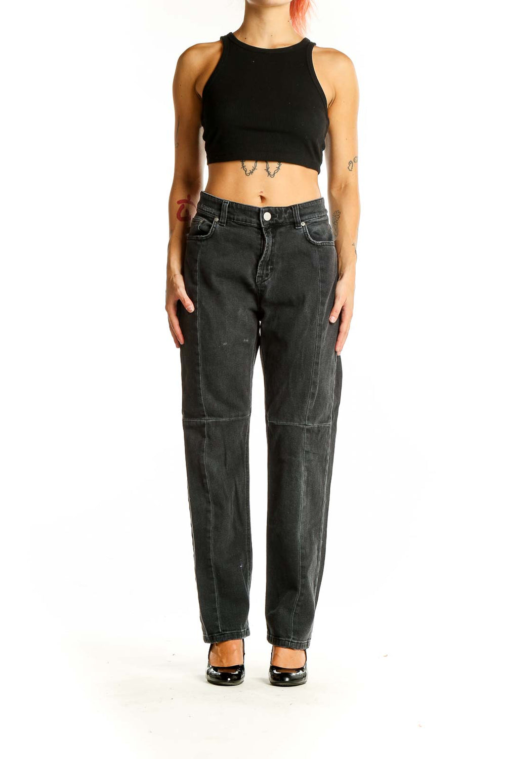 Front view of Filippa K black straight leg denim jeans