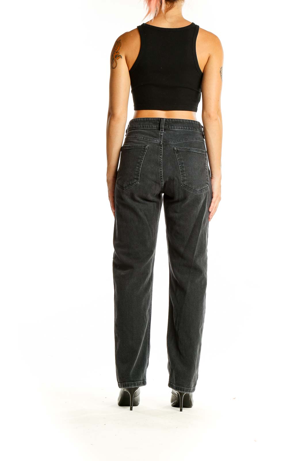 Back view of Filippa K black straight leg denim jeans on model