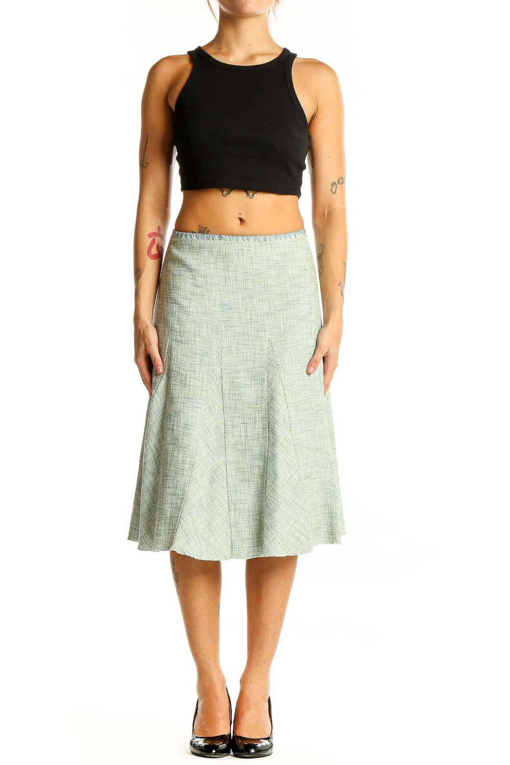 Front view of Ann Taylor sage green A-line midi skirt