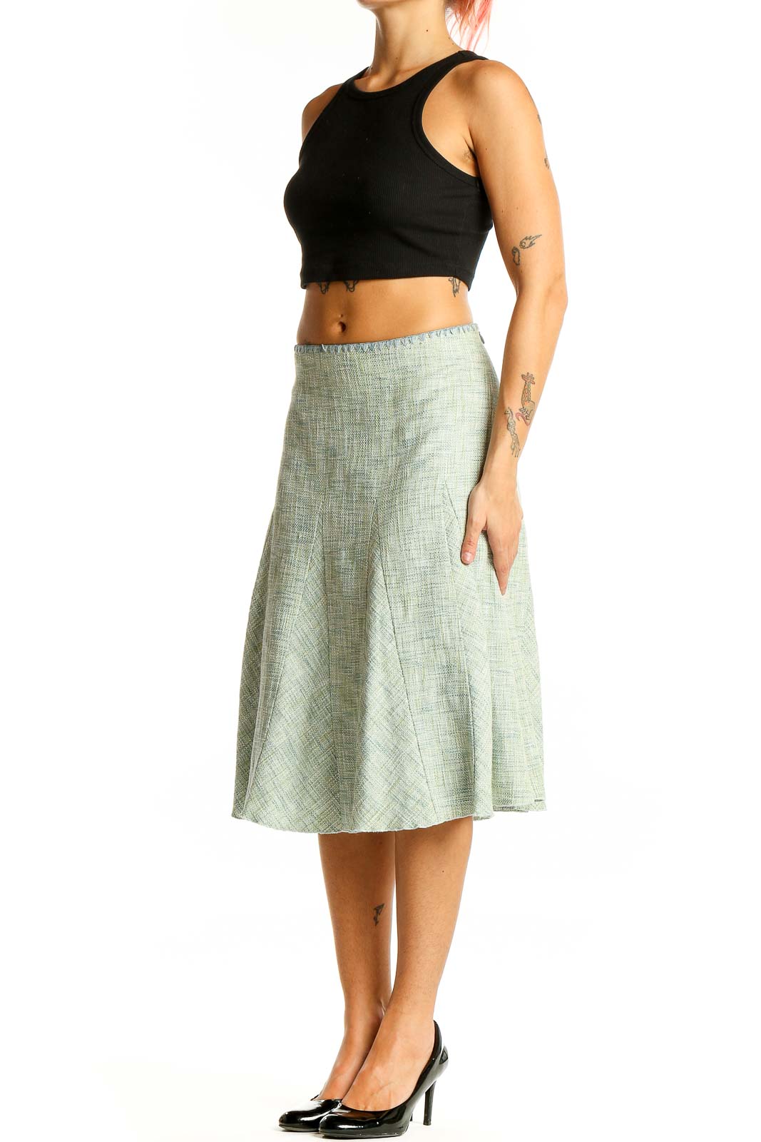 Front view of Ann Taylor sage green A-line midi skirt