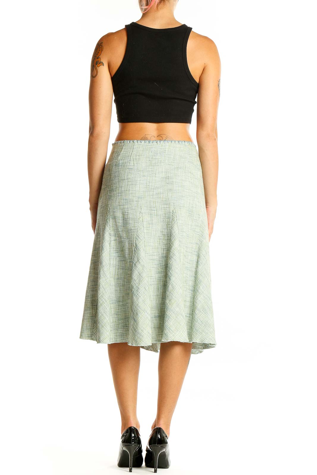 Back view of Ann Taylor sage green A-line midi skirt on model